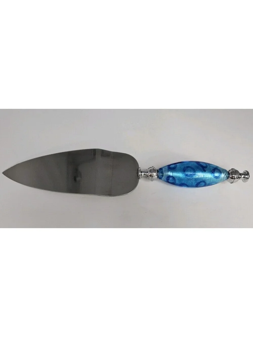 Cake Server Murano Style Art Glass Handle Blue & Silver 10